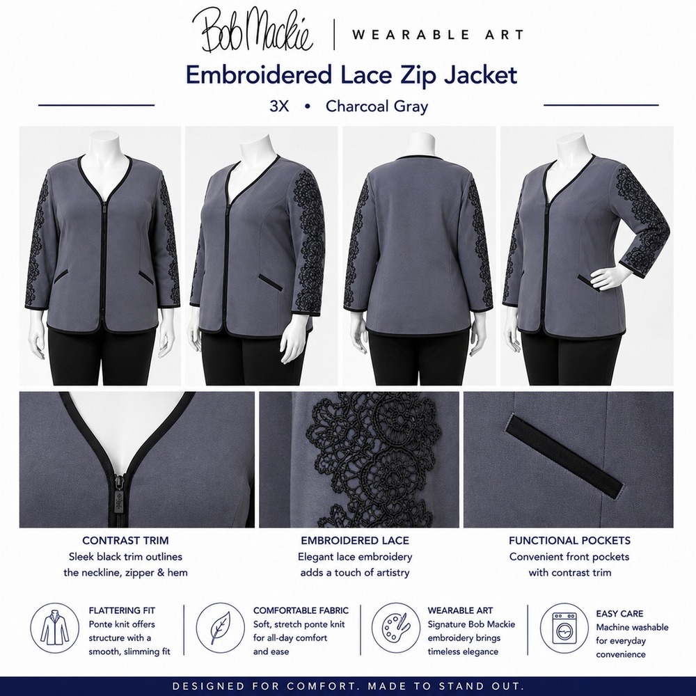 Bob Mackie Womens 3X Ponte Knit Embroidered Lace Zip Front Jacket Charcoal Gray